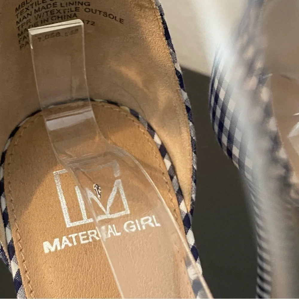 Material Girl Gingham Checkered Plaid Heels Size 9 Navy Blue White Coquette